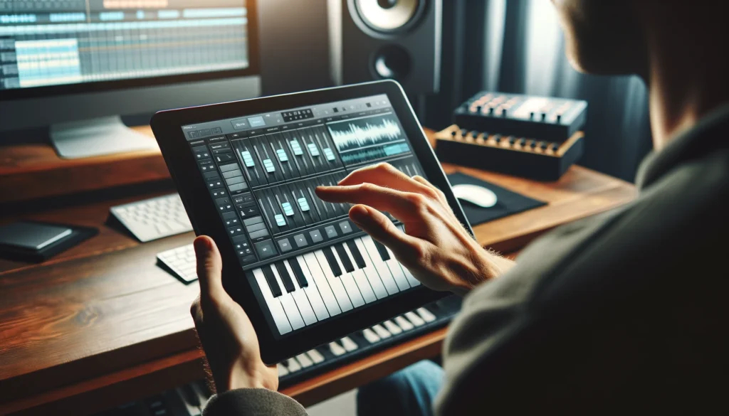 Musician uses tablet as MIDI controller to record and program music in home studio