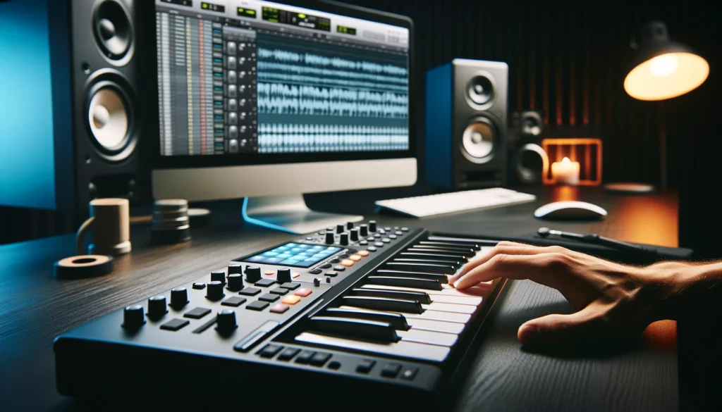 Producer adjusting MIDI controller with DAW on screen for music editing