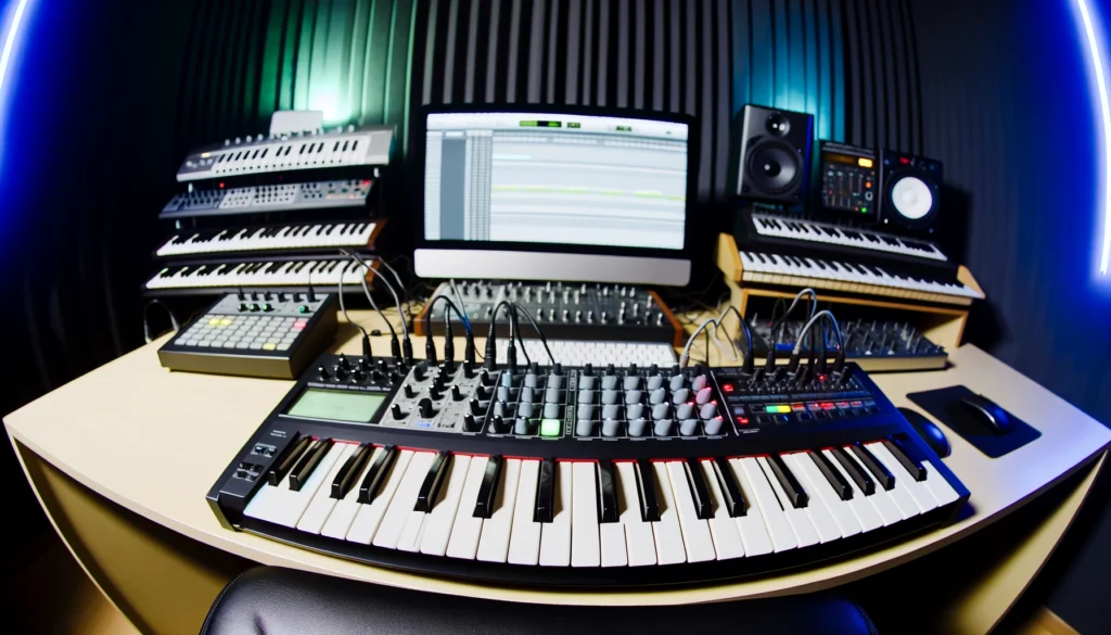 Music studio with MIDI keyboard connected to multiple devices and computer