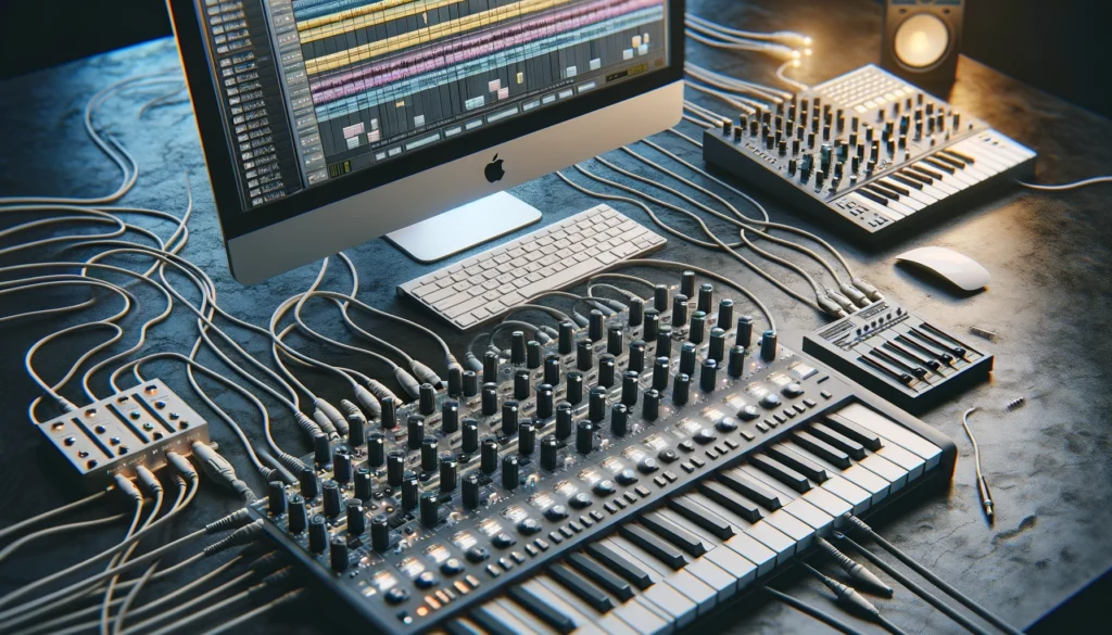 Music production setup with MIDI keyboard and DAW showing MIDI routing
