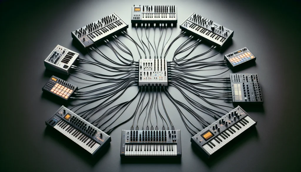 MIDI keyboard connected to multiple devices via MIDI Thru, illustrating daisy chaining