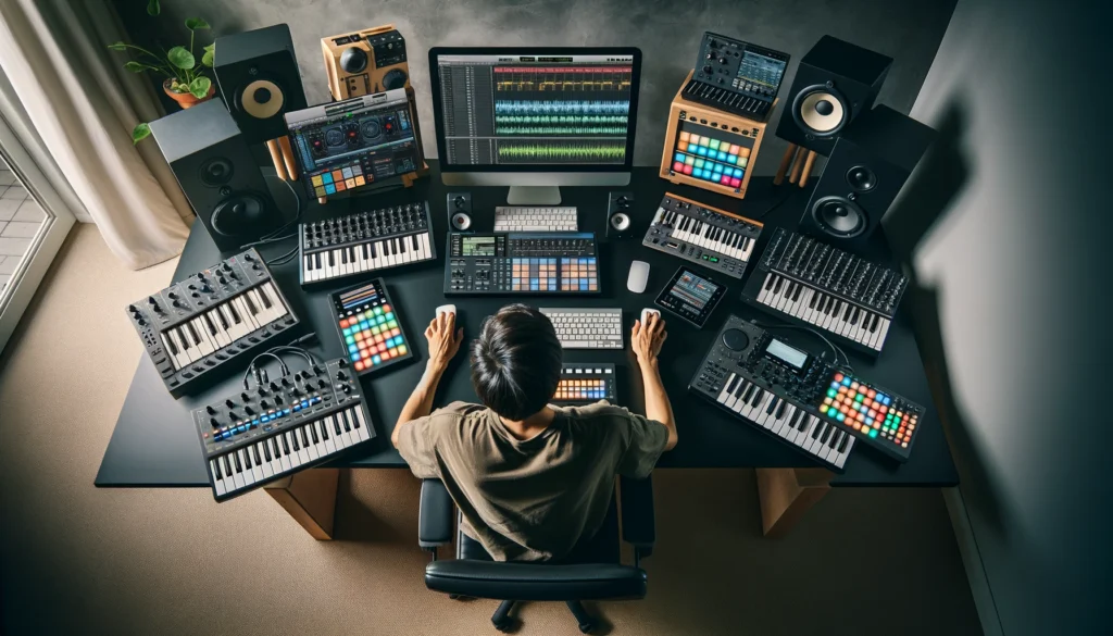 Music producer with MIDI controllers and computer showcasing diverse music software