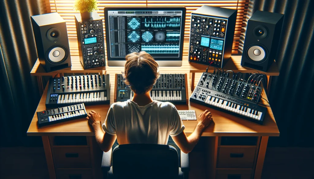 A musician in a home studio surrounded by MIDI controllers and synthesizers, highlighting their roles in music production