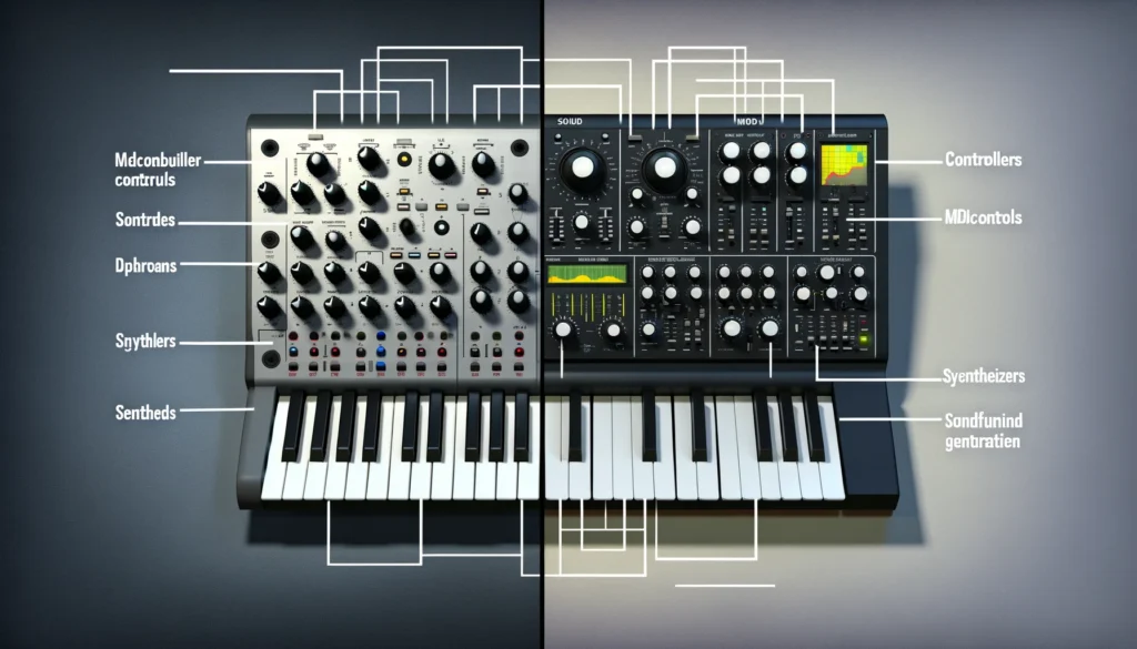 A music studio environment showcasing a MIDI controller and a synthesizer used together for music creation