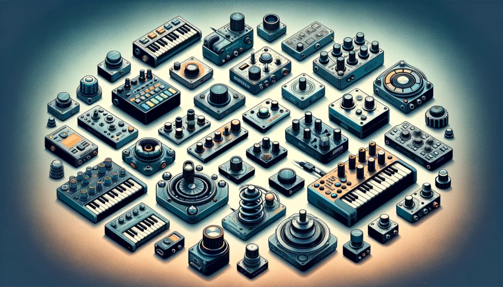  An illustrated overview showcasing different sizes, shapes, and designs of MIDI controller mod wheels.