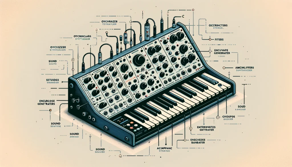 An informative illustration highlighting the basic components and functionality of a synthesizer.