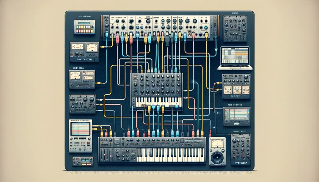 A detailed illustration showing a MIDI setup diagram with a synthesizer connected to a computer and other MIDI devices