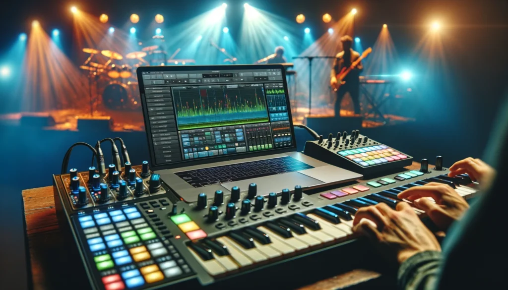 An engaging scene of a live music performance with MainStage controlled by various MIDI devices. 