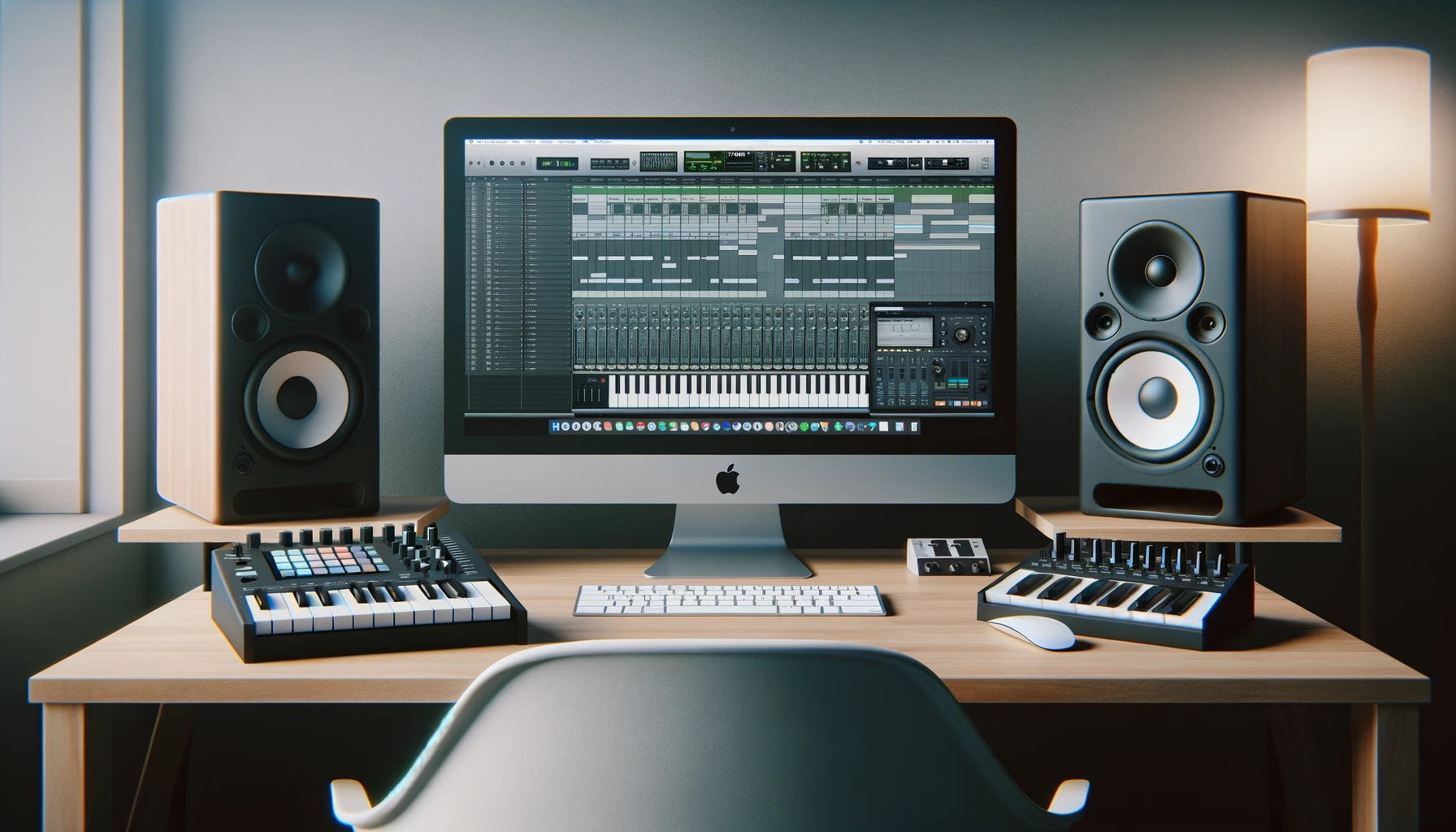 A minimalist yet inspiring home studio setup, emphasizing DAW software's power for music production.