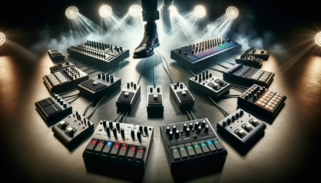 Various MIDI foot controllers in a studio, highlighting size and customization options.