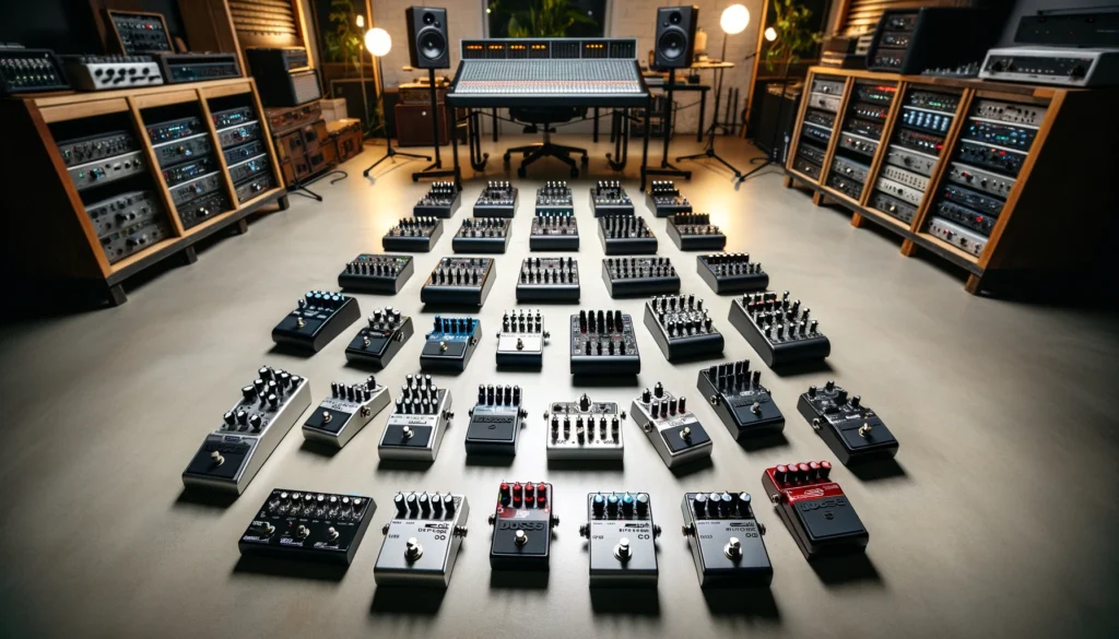 Various MIDI foot controllers in a studio, highlighting size and customization options.




