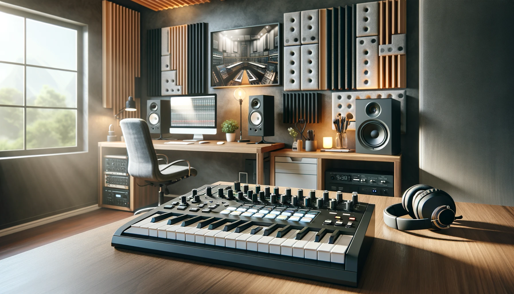 A modern, well-lit home music studio featuring a sleek MIDI controller and a digital piano.