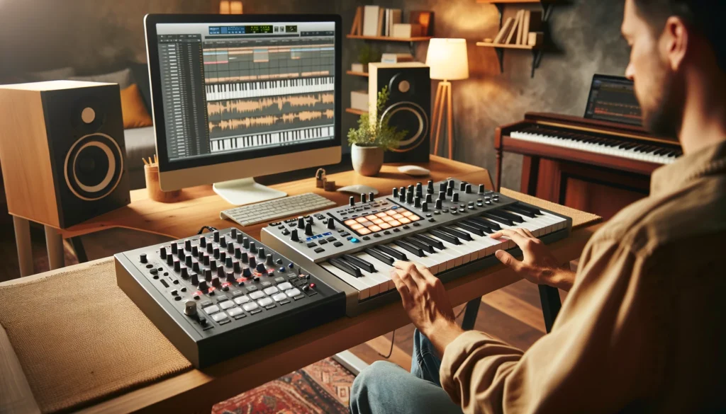Home studio with MIDI controller, digital piano, and headphones, symbolizing budget-friendly music setup options.