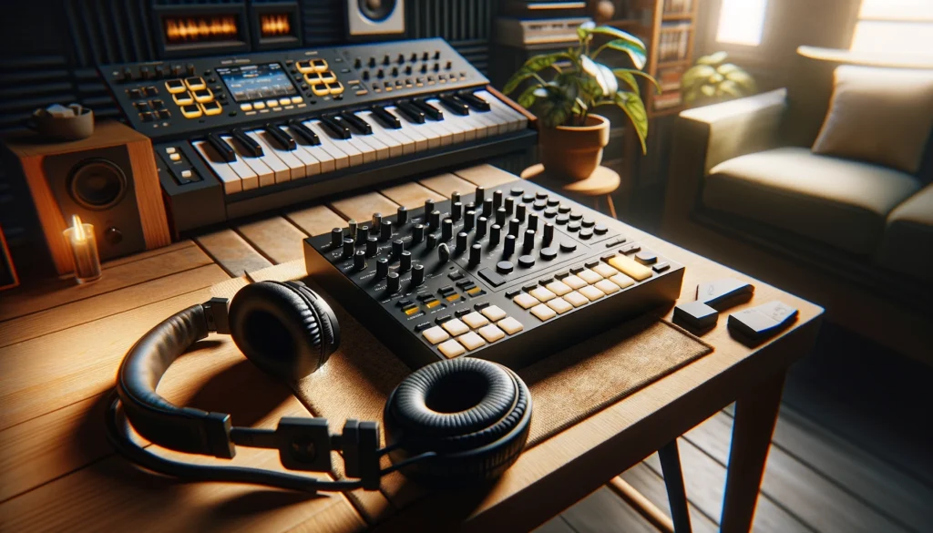 Home studio with MIDI controller, digital piano, and headphones, symbolizing budget-friendly music setup options.