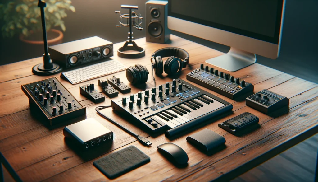 This image showcases an array of essential MIDI controller accessories, providing a comprehensive view of what a producer might need to fully utilize their MIDI controller.