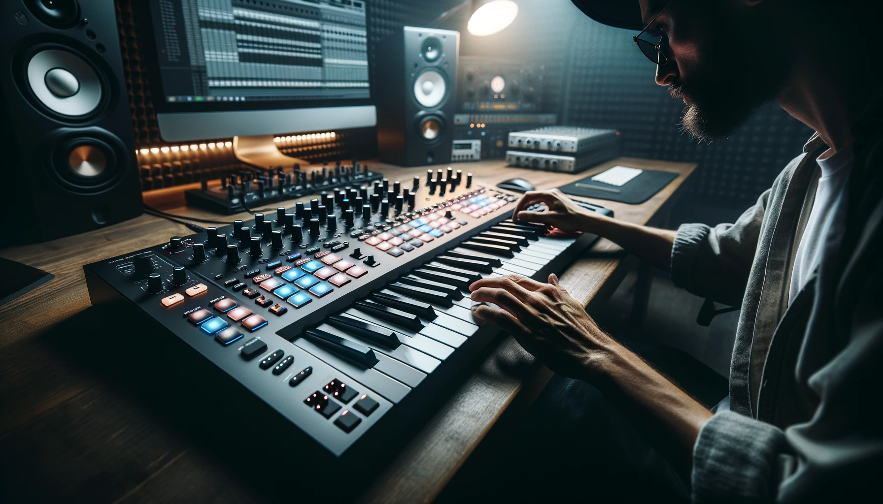 Showcases an artist using a premium MIDI controller in a professional studio, emphasizing the advantages of high-end equipment for music production.