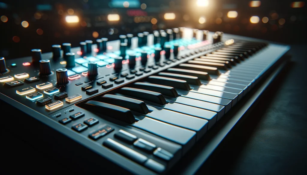Focuses on the extensive keybed and numerous sensitive pads of a high-end MIDI controller, illustrating the potential for expressive performance. 

