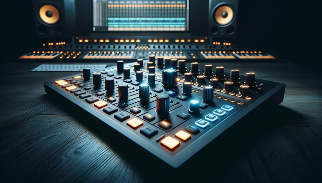 Illustrates the advanced features of a premium MIDI controller, such as motorized faders and touch-sensitive encoders, showcasing its integration with a DAW. 

