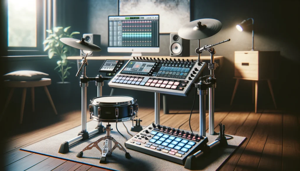 Illustrates an electronic drum kit used as a MIDI controller, highlighting its integration with digital music creation