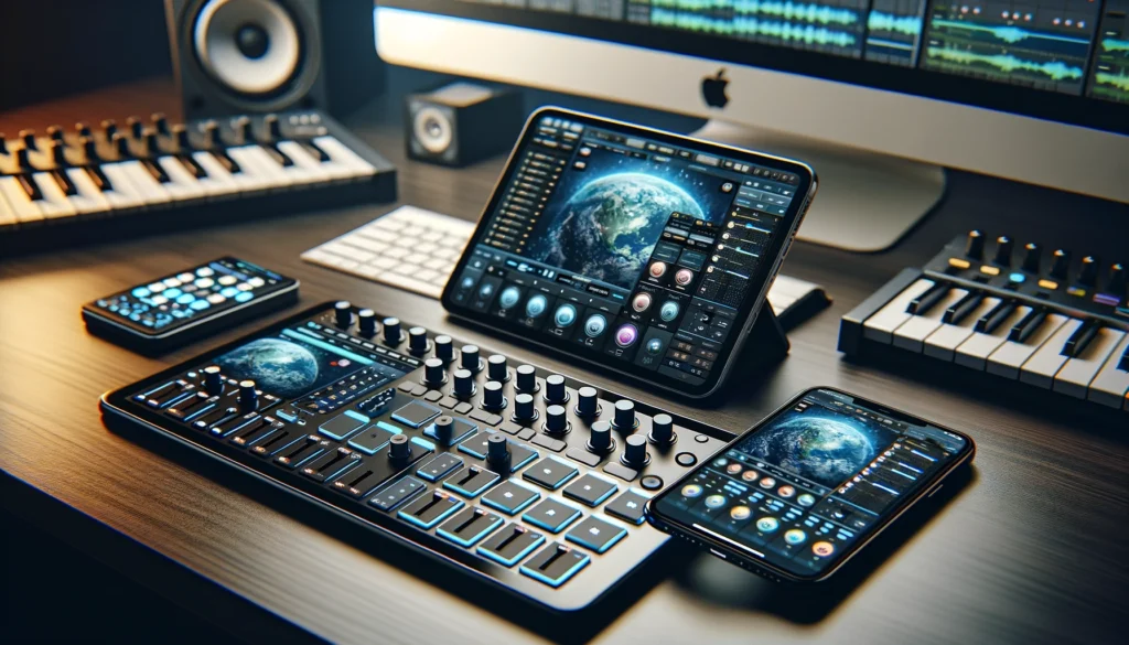 Smartphone and tablet used as MIDI controllers on a music desk