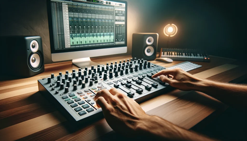 Producer using a MIDI control surface with DAW, enhancing music mixing.
