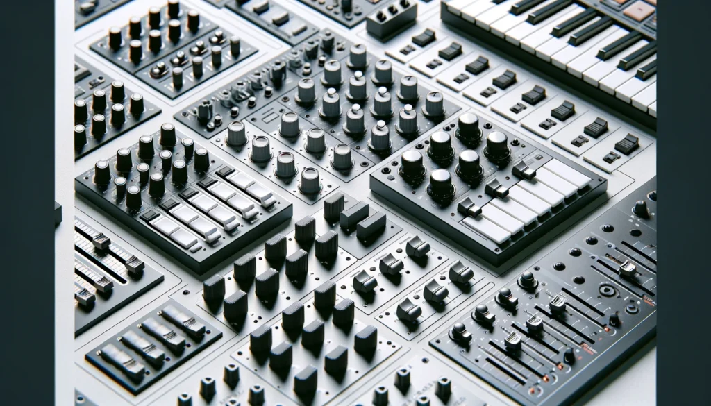 Close-up of MIDI control surface components, highlighting faders and knobs.
