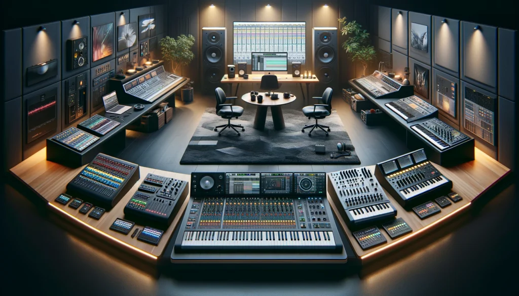 This image showcases the diverse types of MIDI control surfaces available, from compact models to large format consoles, illustrating the versatility available to musicians and producers for various music production needs.