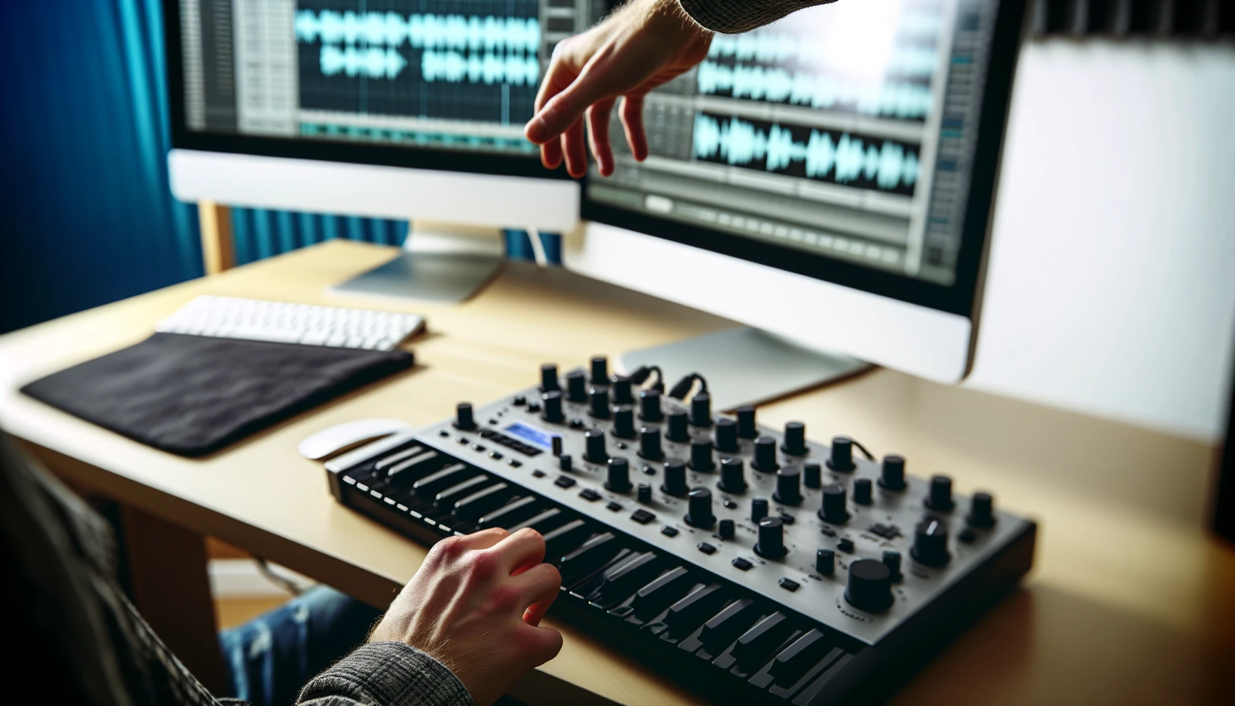 Musician tweaks MIDI keyboard, controlling software instruments