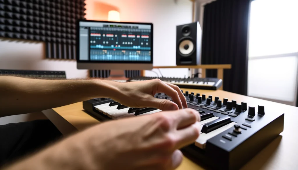 Musician tweaks MIDI keyboard, controlling software instruments