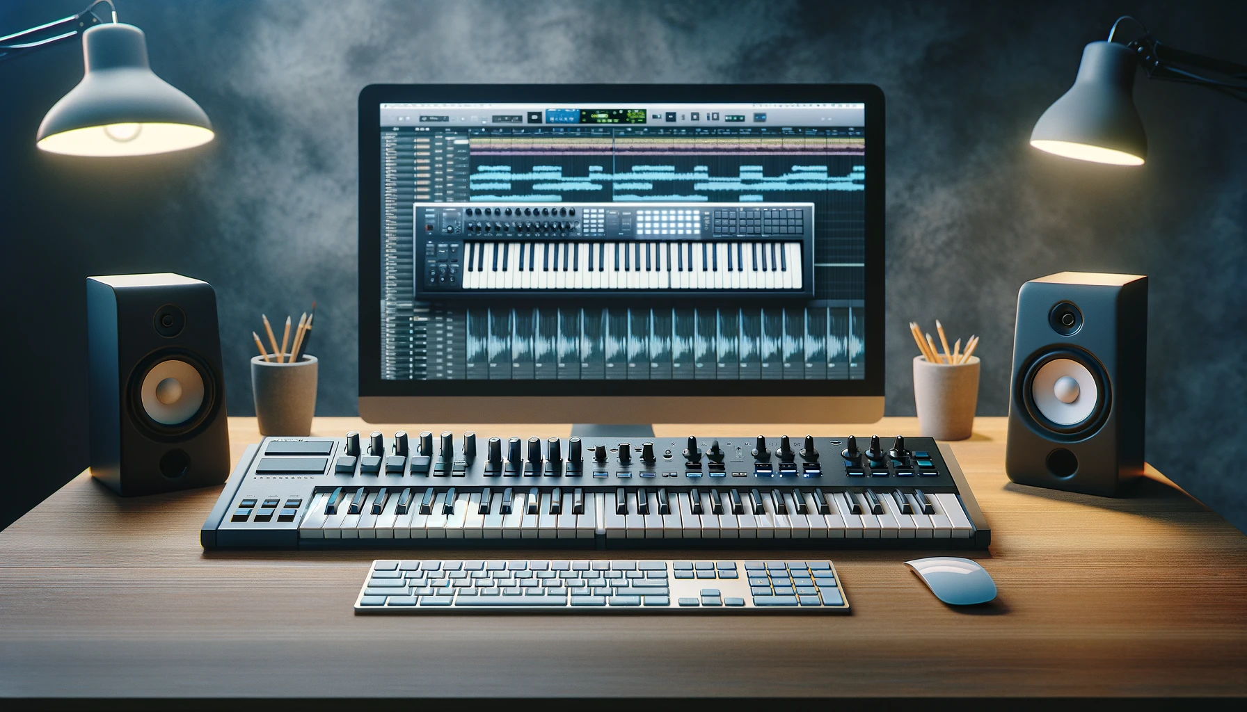 A creative workspace showing the contrast between a standard computer keyboard and a MIDI keyboard.