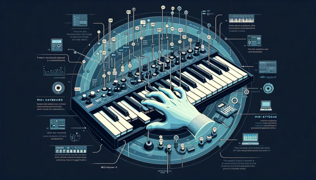 A visual guide illustrating a MIDI keyboard's functionality and MIDI data generation.