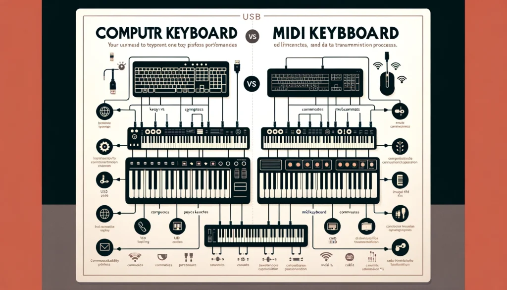 Infographic showing differences between computer and MIDI keyboards