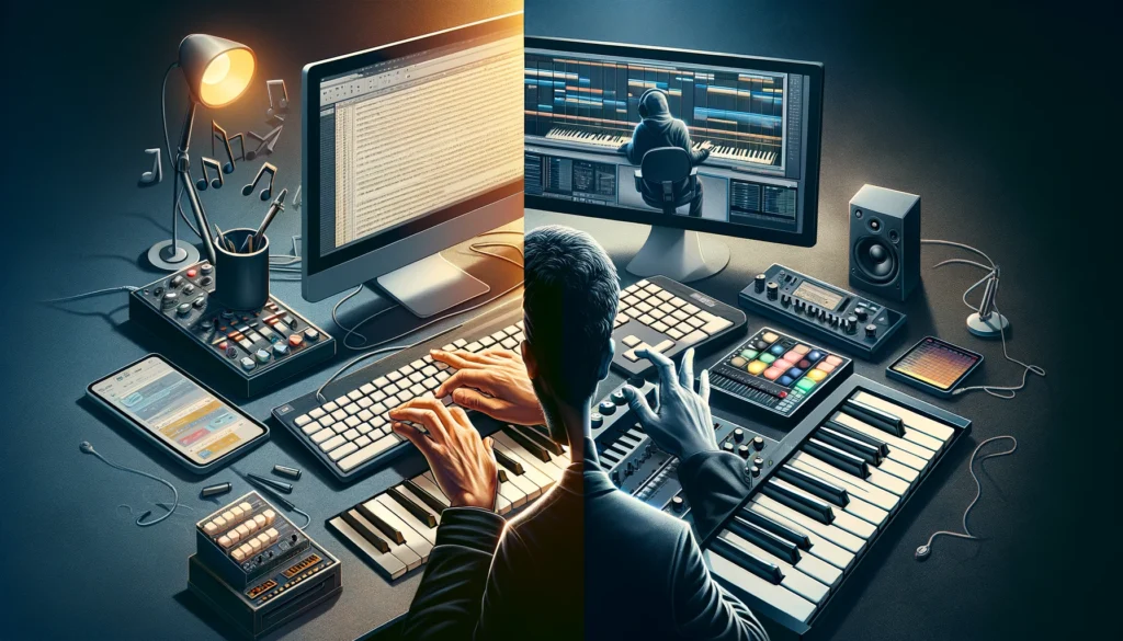 Split-image showing computer keyboard for typing and MIDI keyboard for music