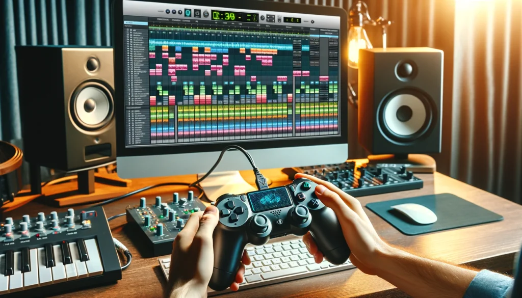 A vibrant music production setup with a game controller used as a MIDI controller.