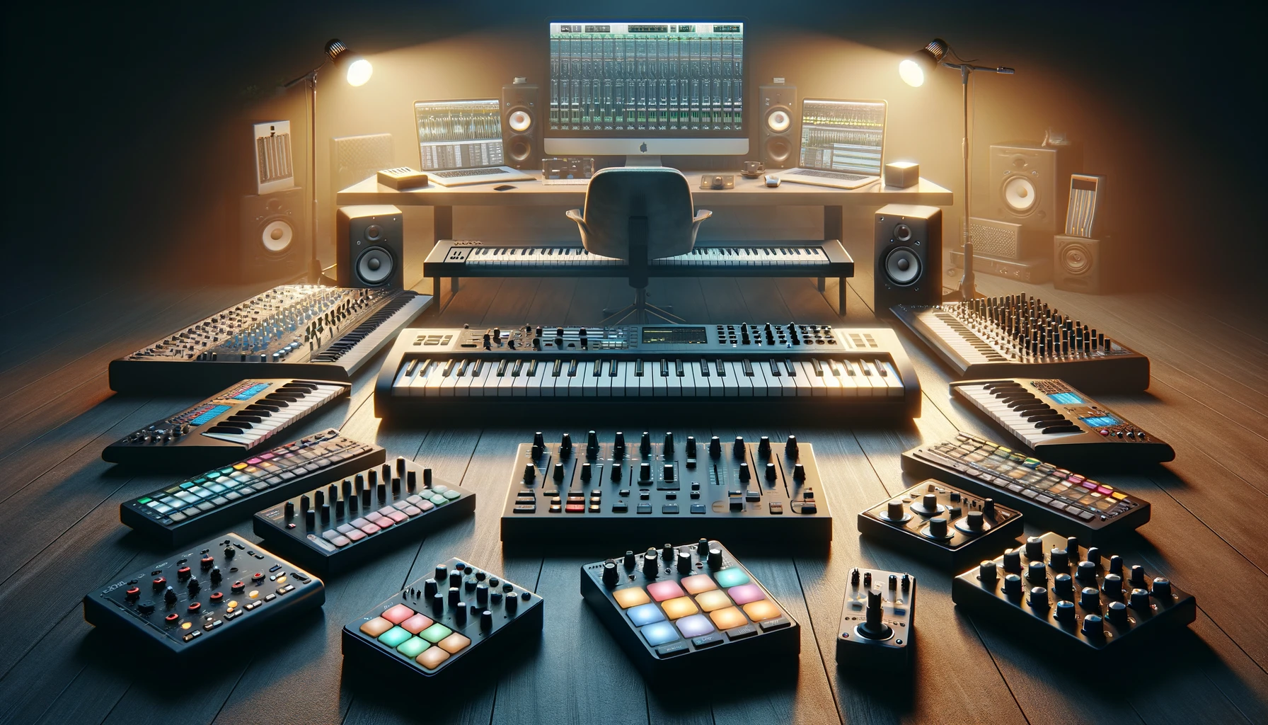 Modern studio with MIDI keyboard and controllers enhancing music production
