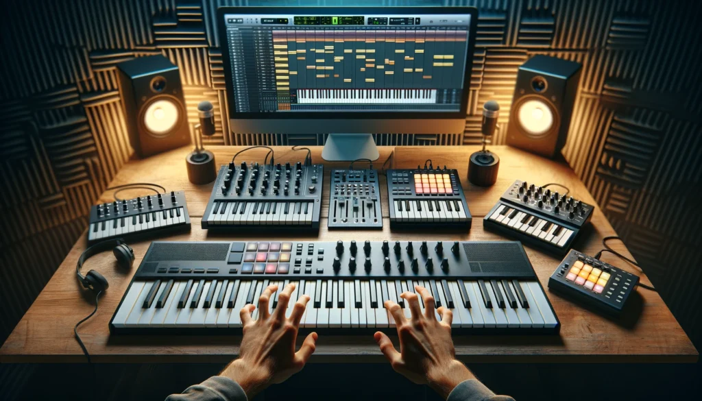 Musician integrating MIDI keyboard and controllers into music production