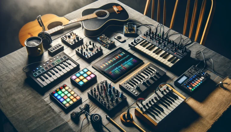 : A diverse array of MIDI controllers spread out on a table, showcasing the variety and innovation in MIDI technology