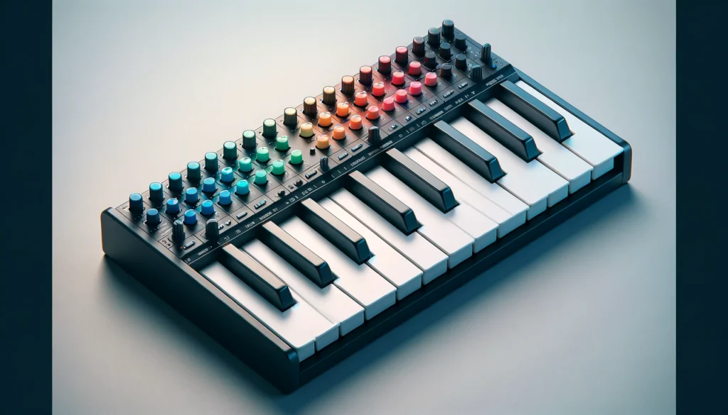 MIDI keyboard with color-coded keys for channel control.




