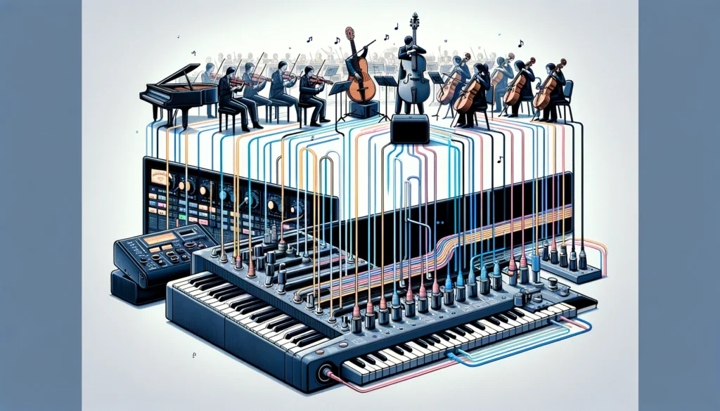  Instruments connected via color-coded MIDI channels for harmony.