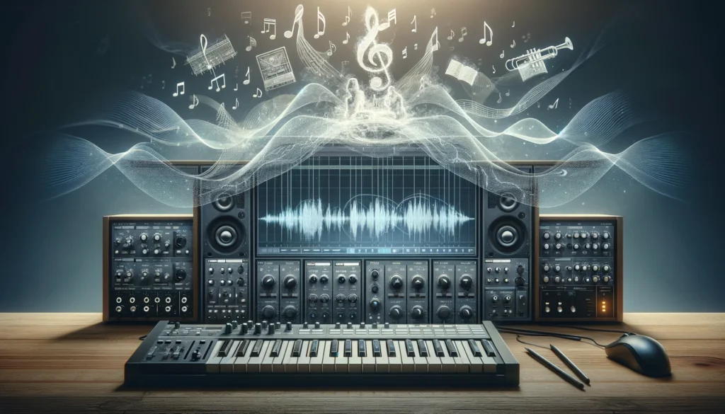 Layered sound waves and notes symbolize sound blending via MIDI.




