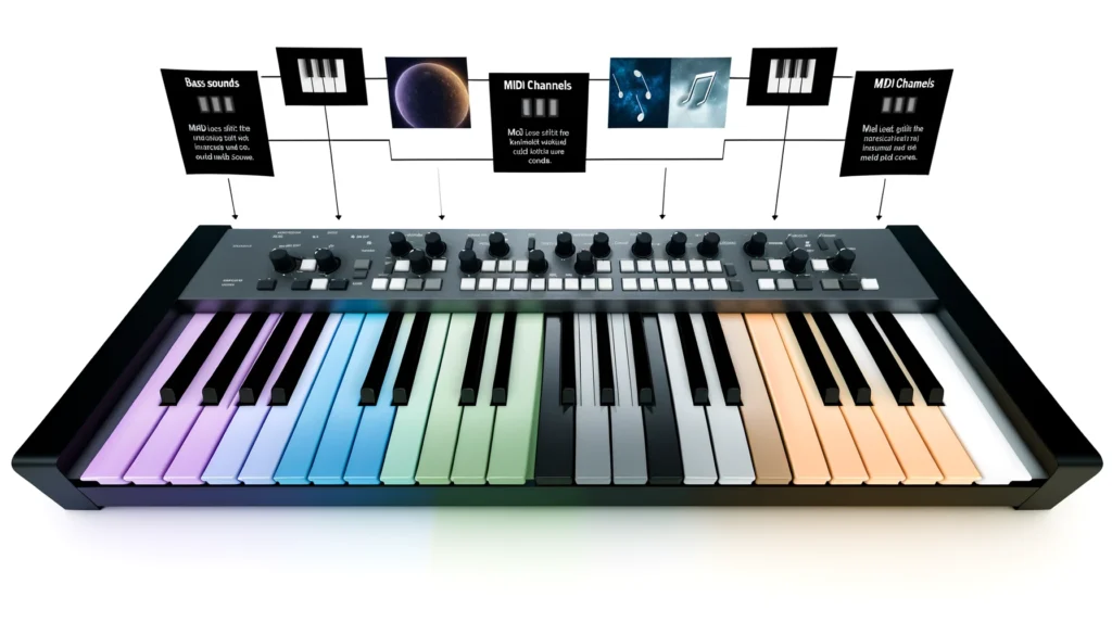 A MIDI keyboard with color-coded keys for bass and melody split zones