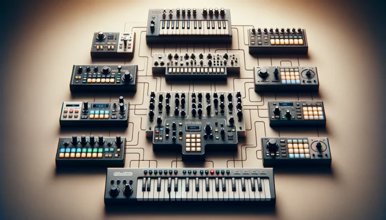 Showcases the evolution of MIDI controllers from the Sequential Circuits Six-Trak to modern devices
