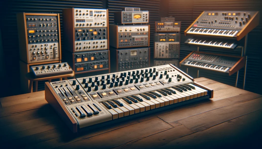 Features the Sequential Circuits Six-Trak in a vintage studio setting