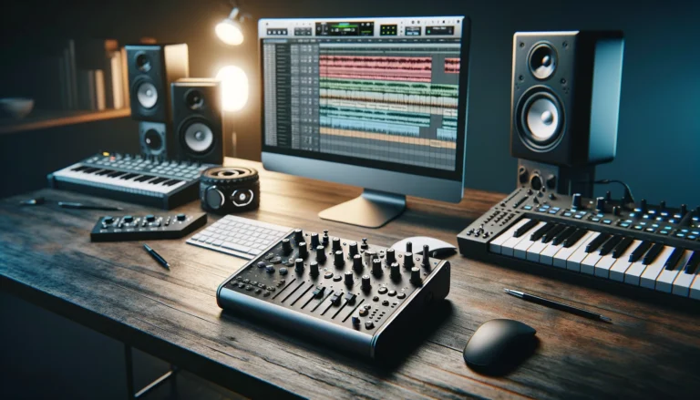Showcases the Rodecaster in a modern music production setup, highlighting its potential as a MIDI controller
