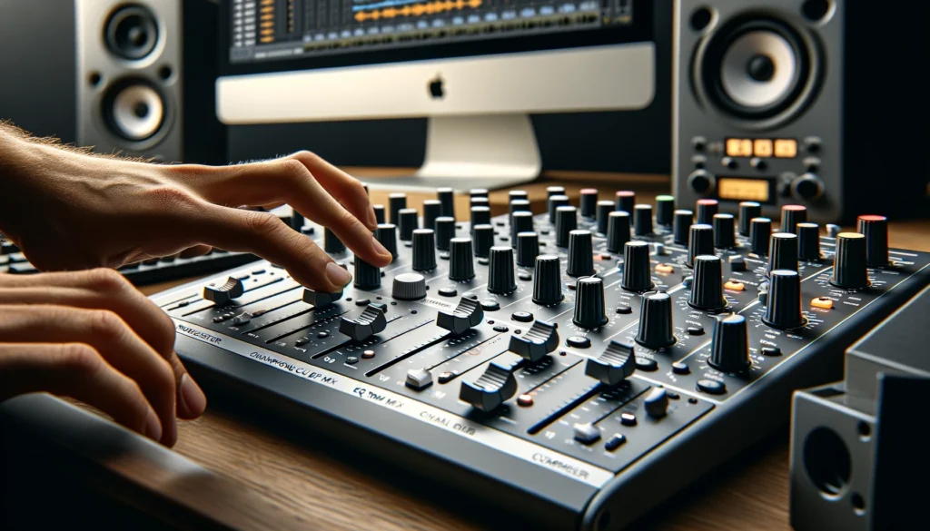 Hands adjusting Rodecaster for MIDI control in a studio.