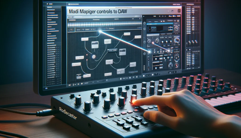 Mapping Rodecaster controls to DAW parameters in a studio.




