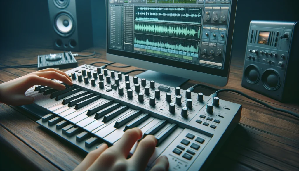 A MIDI keyboard connected to vocal processing plugins, demonstrating real-time control over vocal effects.