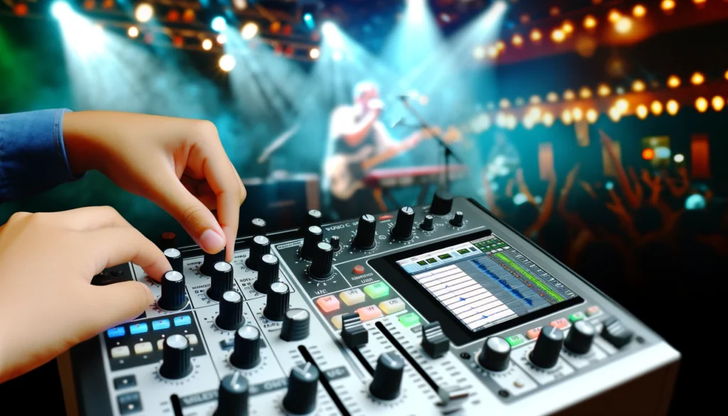 Illustrating a musician using a MIDI controller to manipulate vocal effects during a live performance. Two images capture the excitement and potential of live vocal manipulation with MIDI