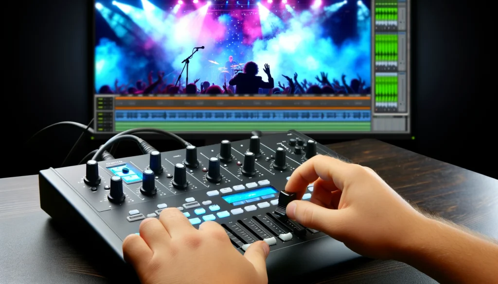 Illustrating a musician using a MIDI controller to manipulate vocal effects during a live performance. Two images capture the excitement and potential of live vocal manipulation with MIDI