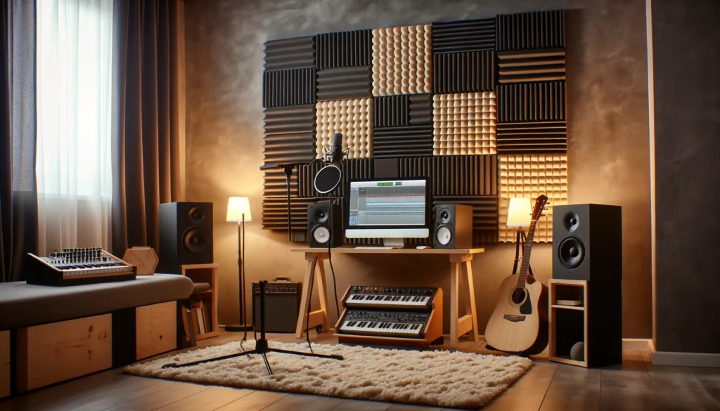Home studio with acoustic foam panels on walls, microphone, and musical instruments.